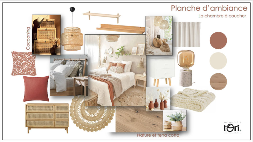 Planche d'ambiance, moodboard, chambre, décoration d'intérieur Neuchâtel, sur un autre ton